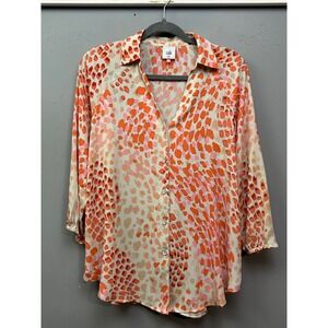 Cabi Abstract Print Button Up Shirt Blouse Long Sleeve Women XXS Orange Pink Tan